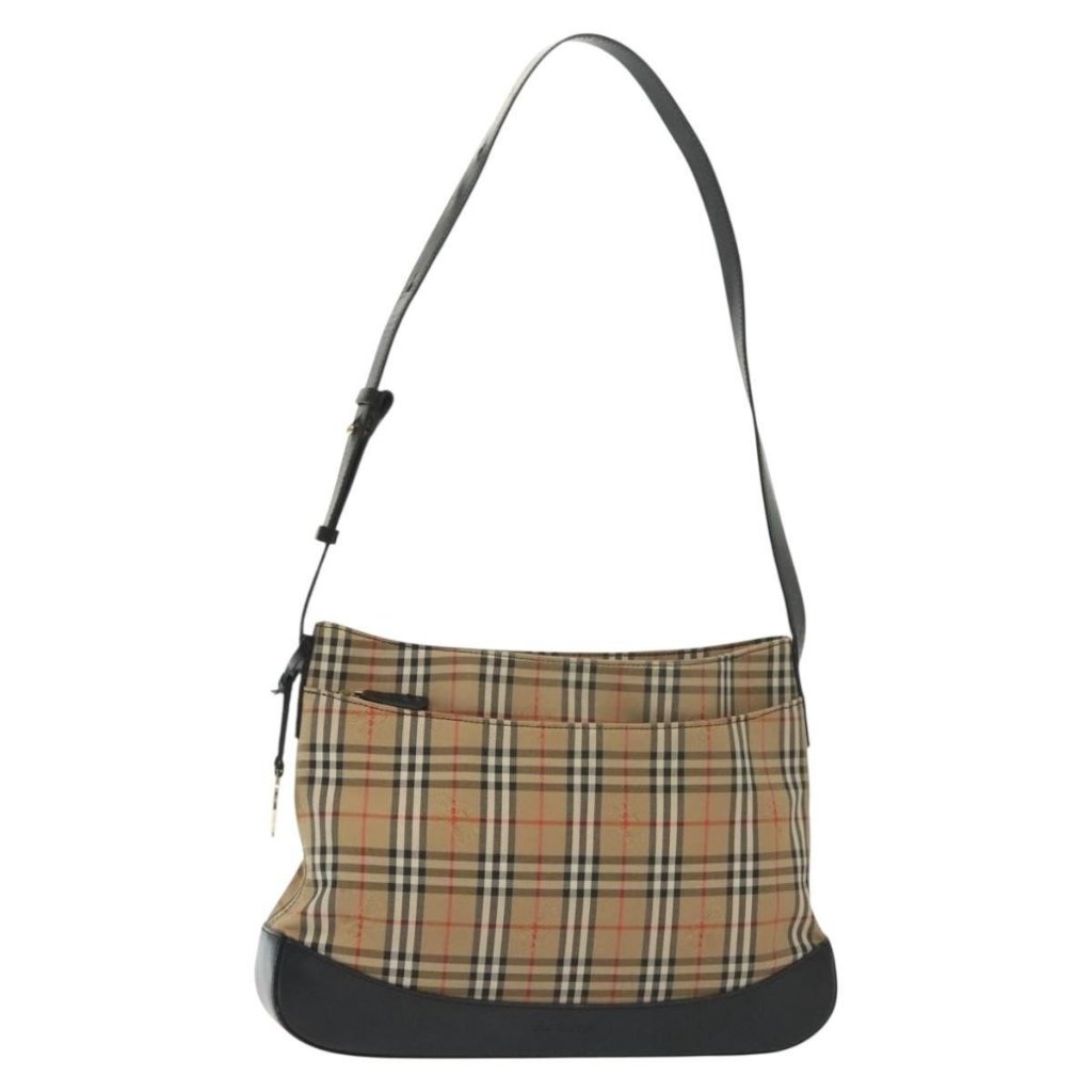 Authentic Burberrys Nova Check Shoulder Bag Canvas Leather Beige Gold